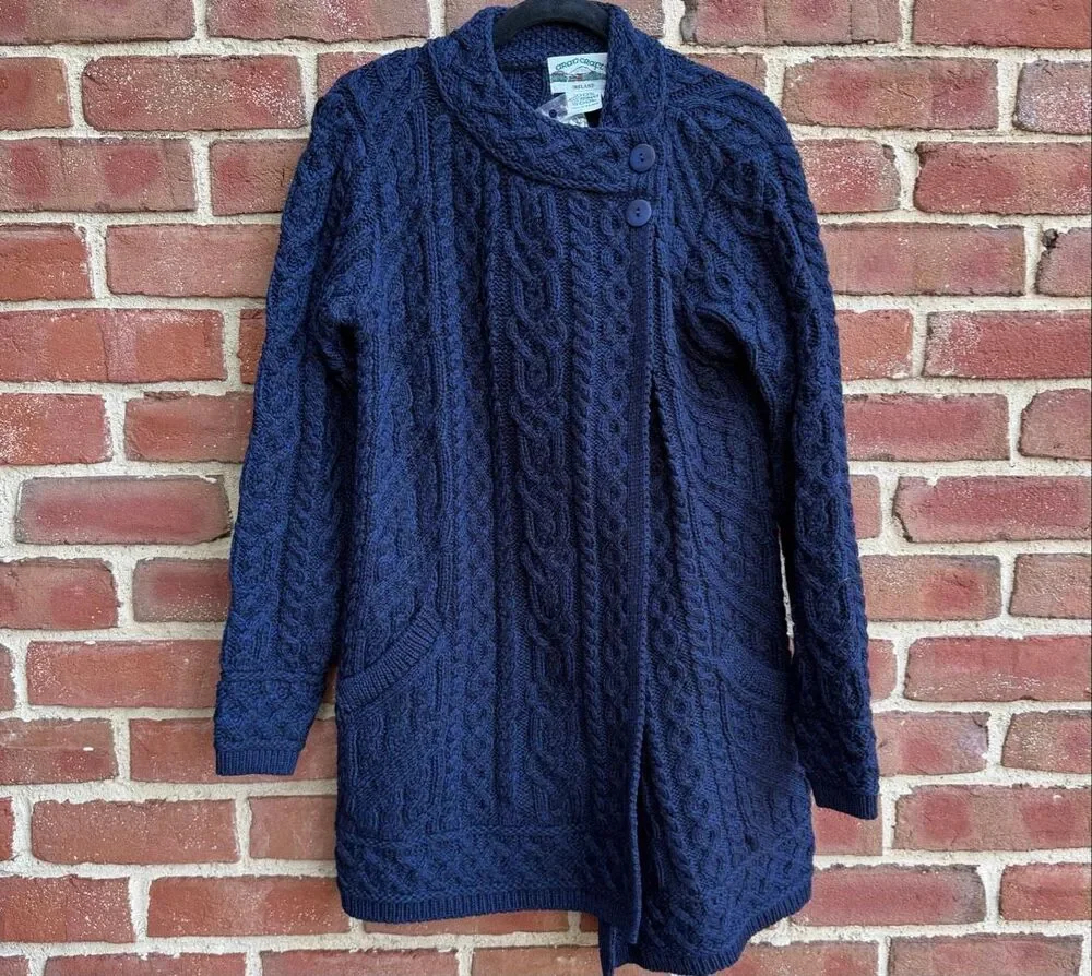 Aran Crafts Women's Cable Knit Merino Wool Cardigan Sweater Navy XL NWOT